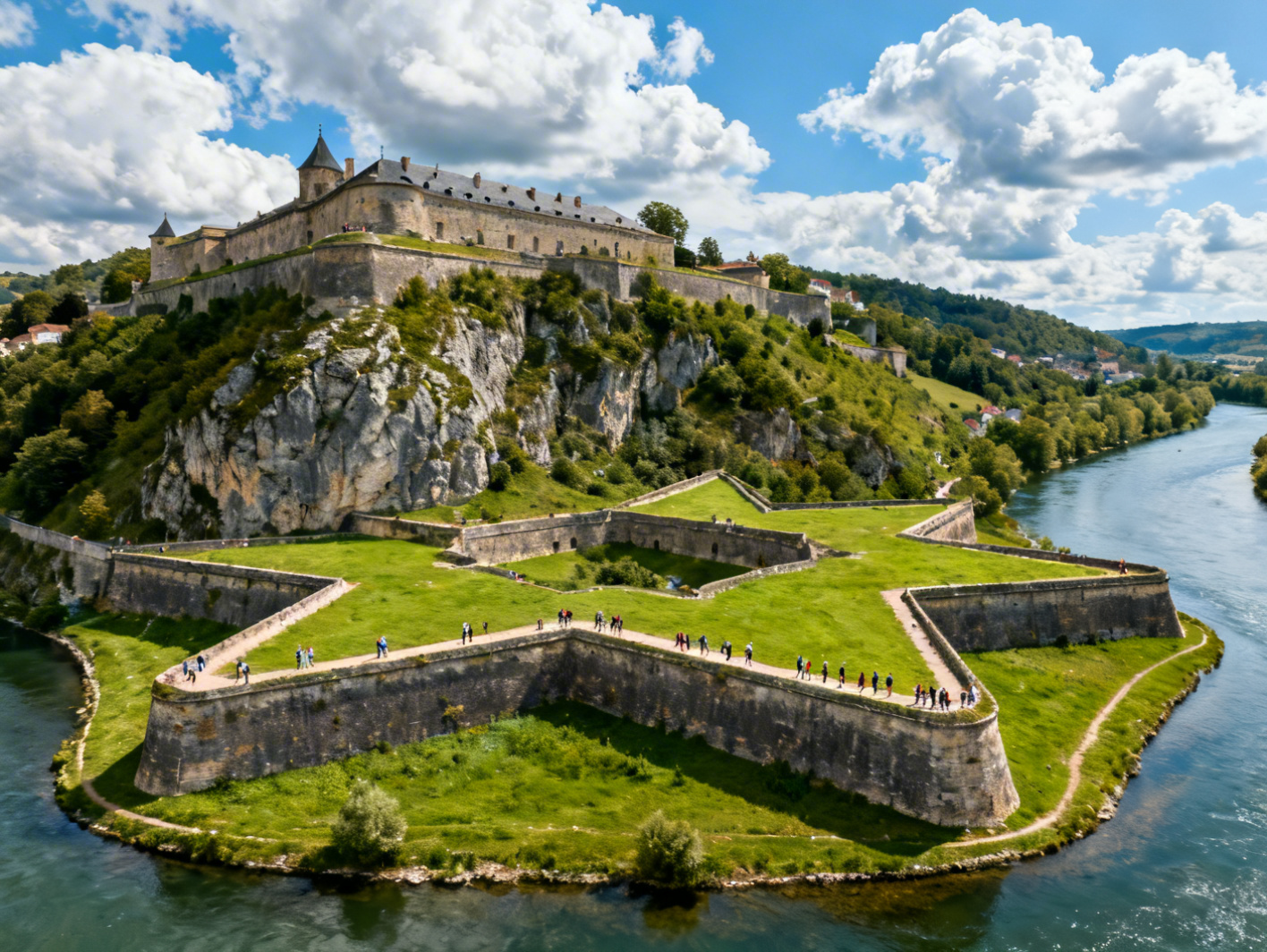 Vue aérienne de la Citadelle Vauban surplombant la boucle du Doubs à Besançon